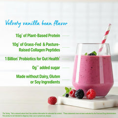Orgain vanilla bean shake in a glass shows creamy texture.