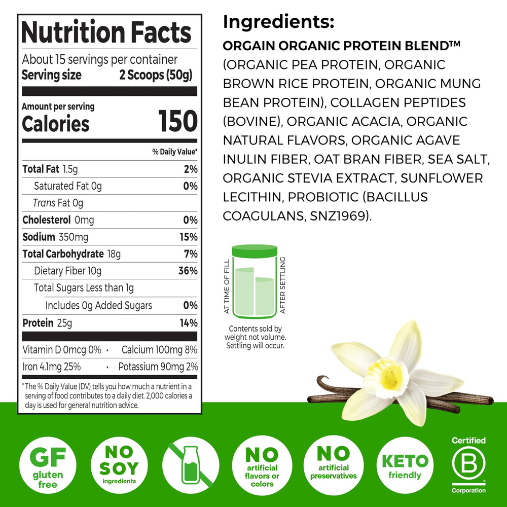 Orgain vanilla bean canister beside blender signaling easy, on-the-go nutrition.