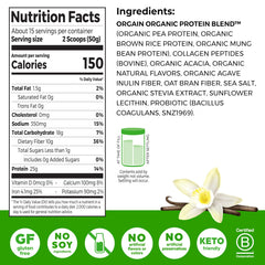 Orgain vanilla bean canister beside blender signaling easy, on-the-go nutrition.