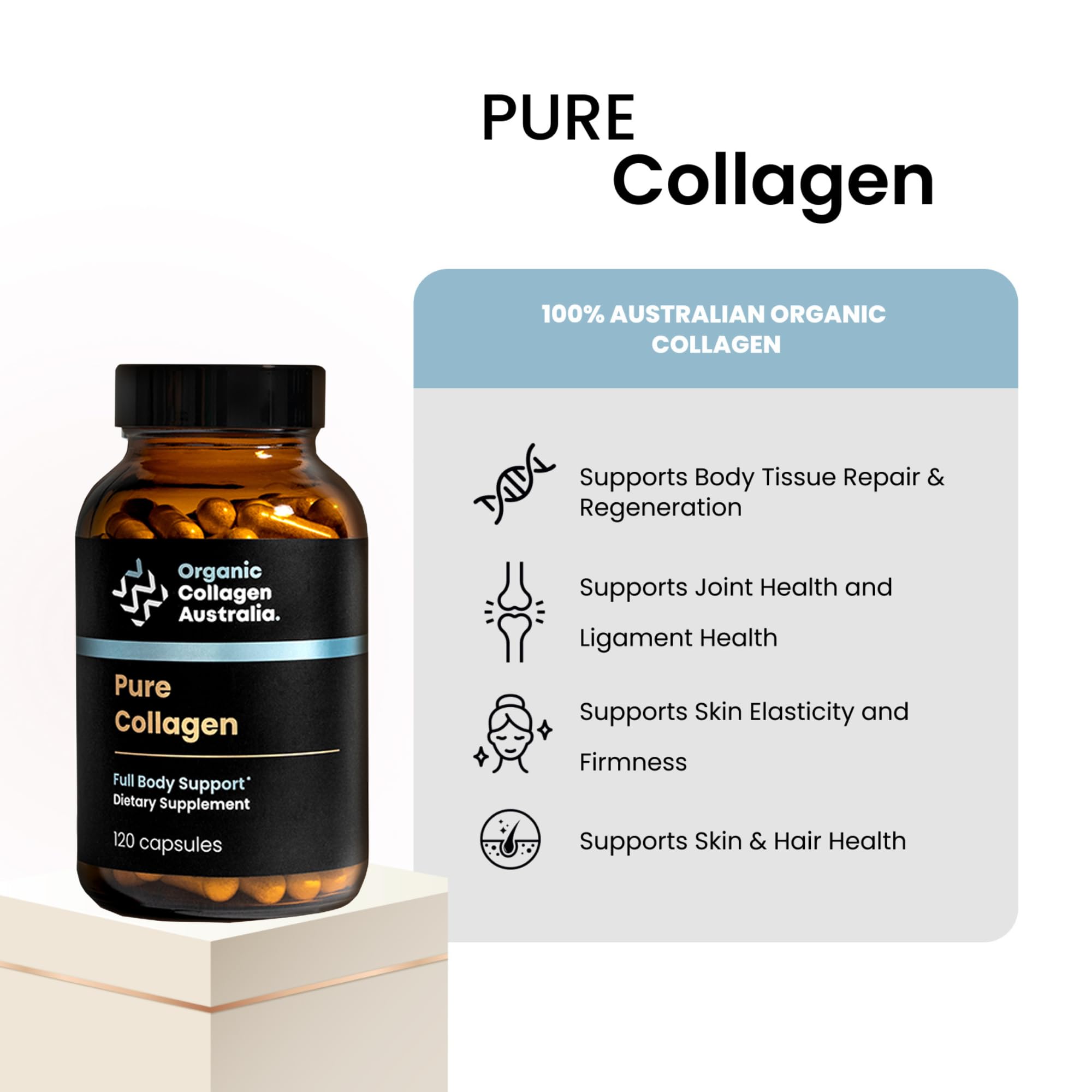 Organic Collagen Australia capsules on table; easy daily joint comfort.