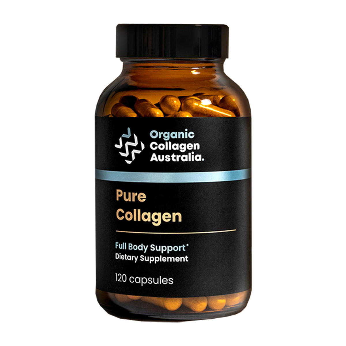 Organic Collagen Australia bottle with capsules; supports skin elasticity and hair health.