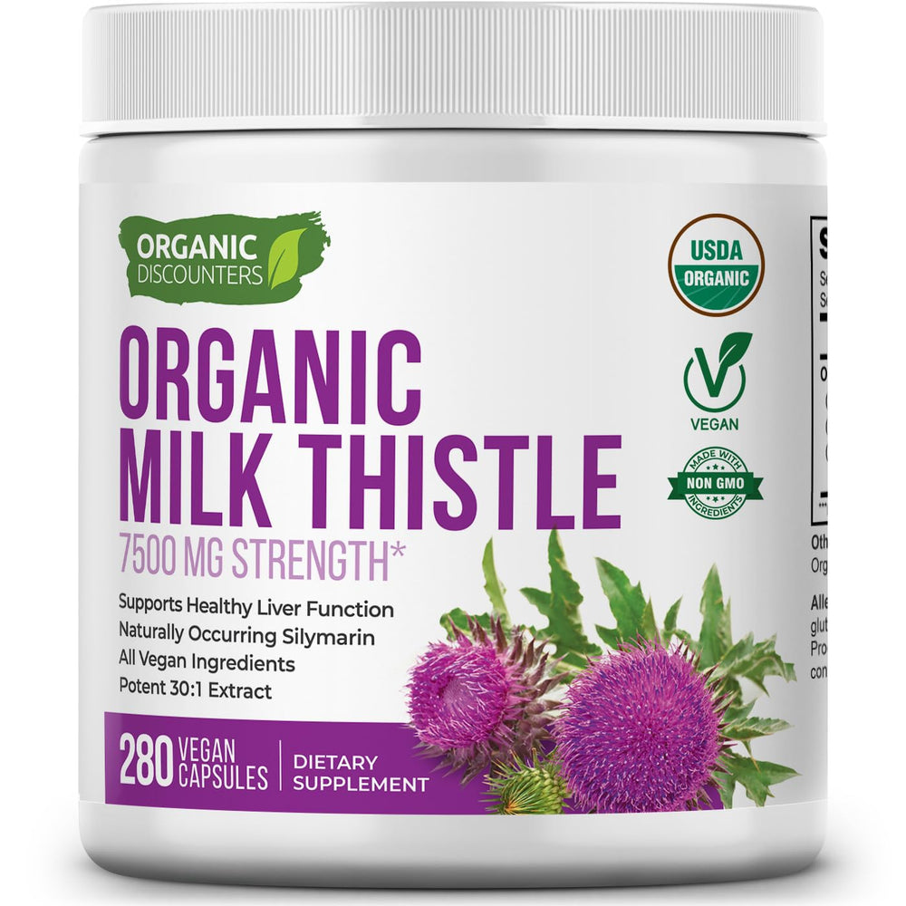 Organic Discounters Milk Thistle bottle front view highlighting USDA Organic certification.