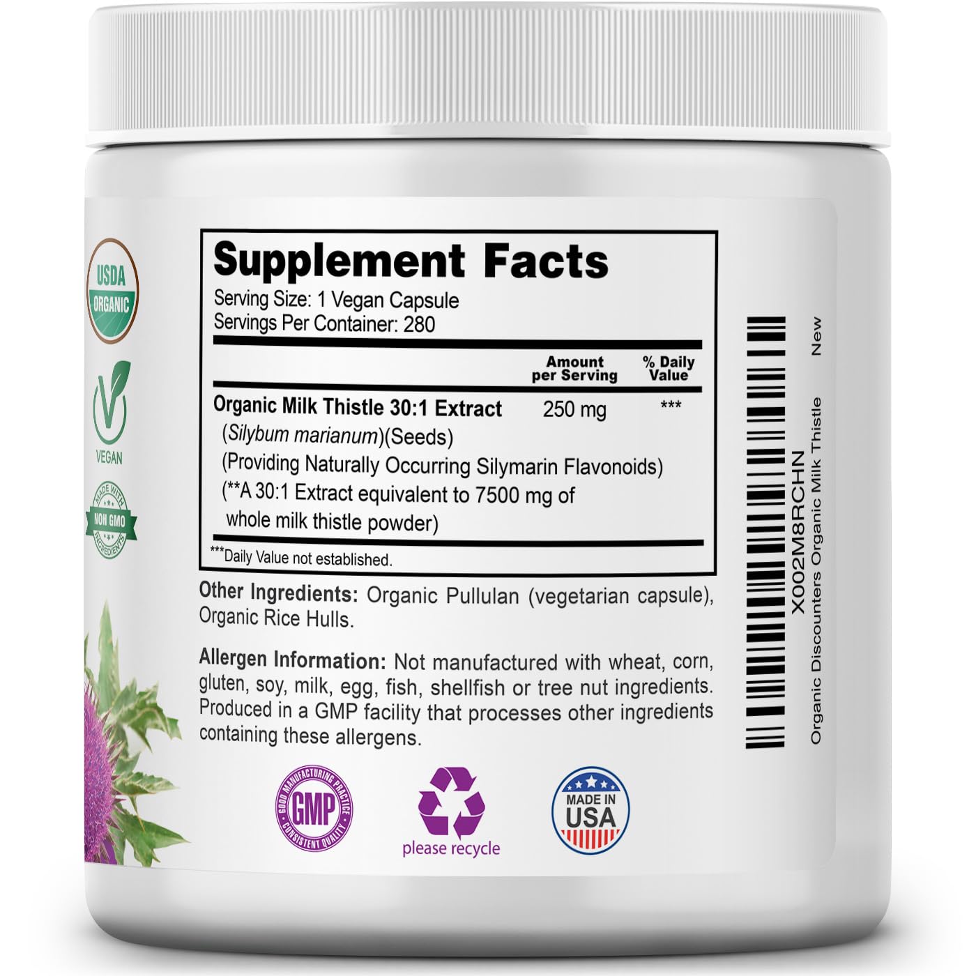 Silymarin flavonoids highlighted on Organic Discounters Milk Thistle label.