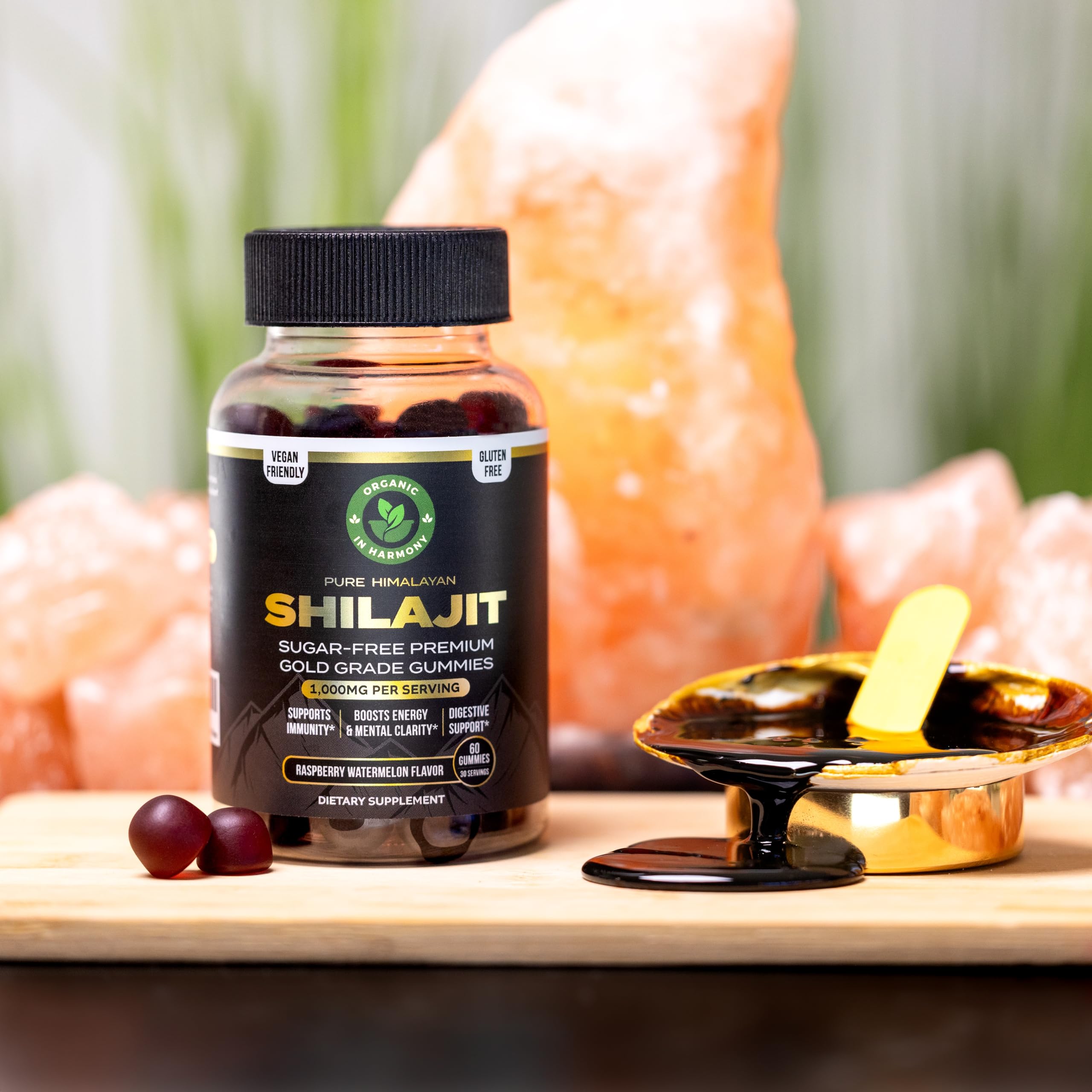 Bottle of Organic In Harmony Shilajit Gummies on a table for easy daily use