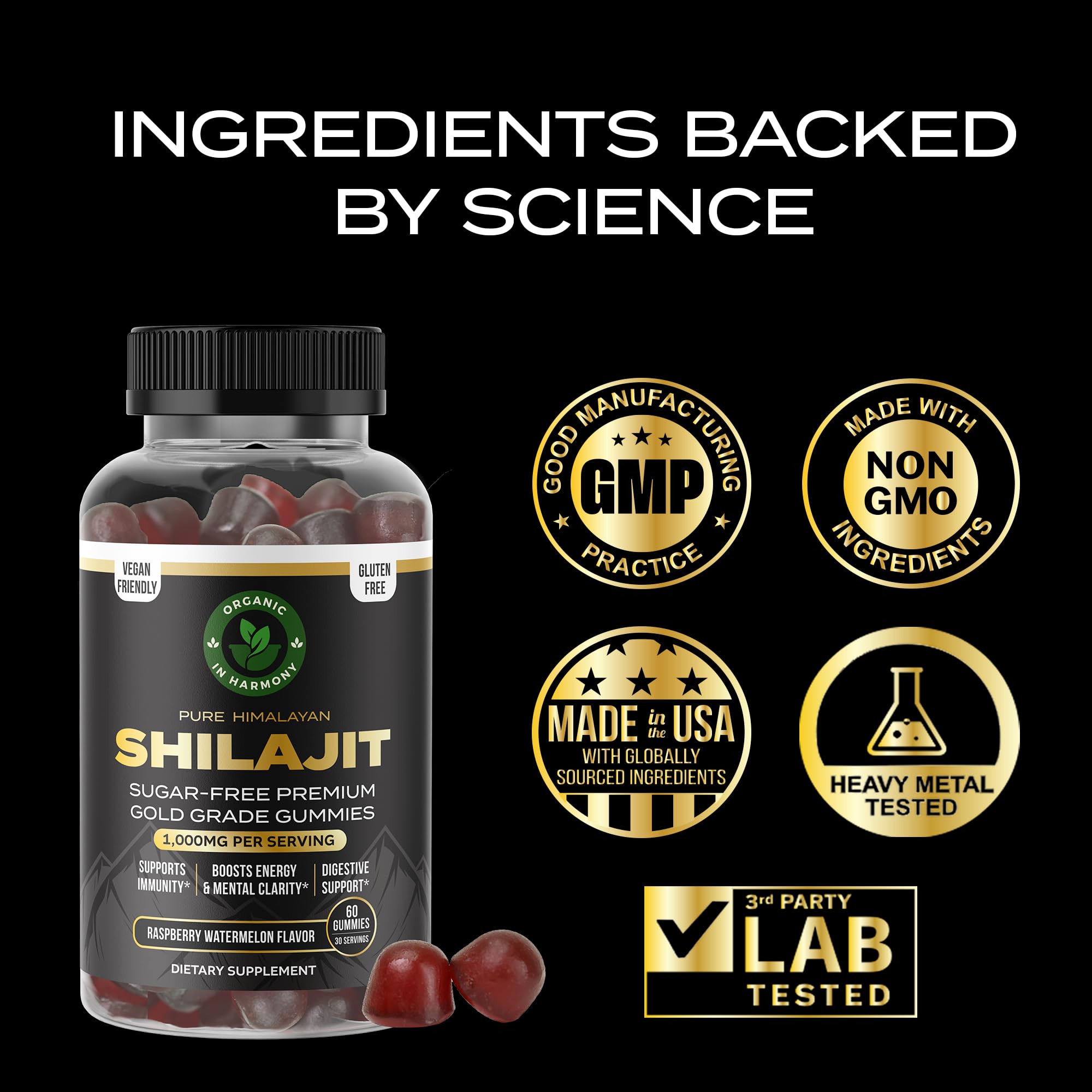 Closeup of Organic In Harmony Shilajit Gummies highlighting texture and color