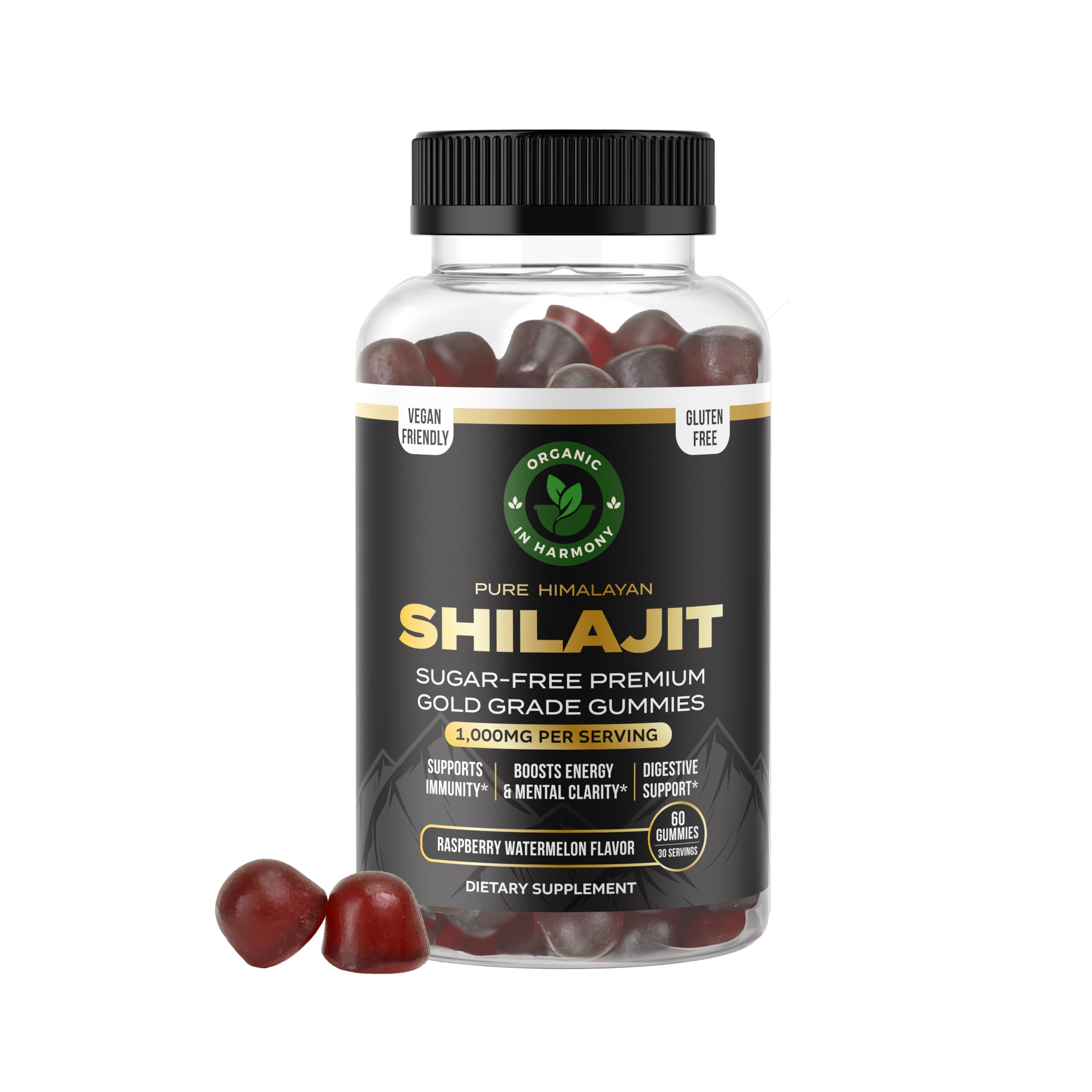 Organic In Harmony Shilajit Gummies jar showing mineral-rich bites for daily energy support