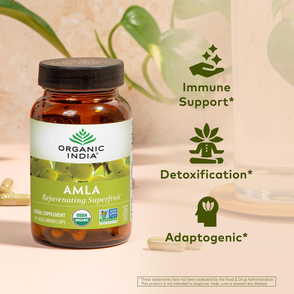 Organic India Amalaki tablets close-up signaling vegan vitamin C source