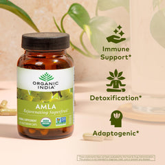 Organic India Amalaki tablets close-up signaling vegan vitamin C source