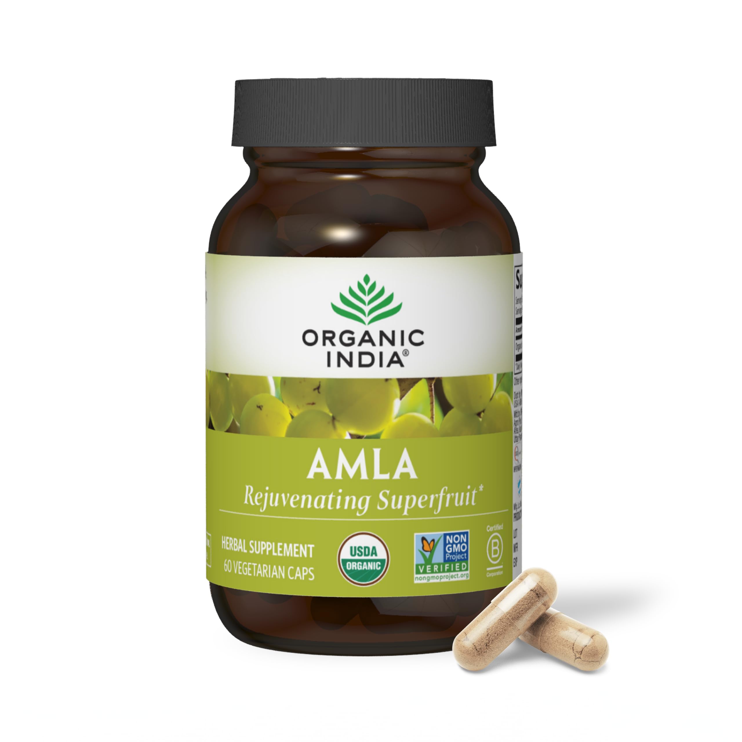 ORGANIC INDIA Amla capsules bottle front, highlighting daily antioxidant support.