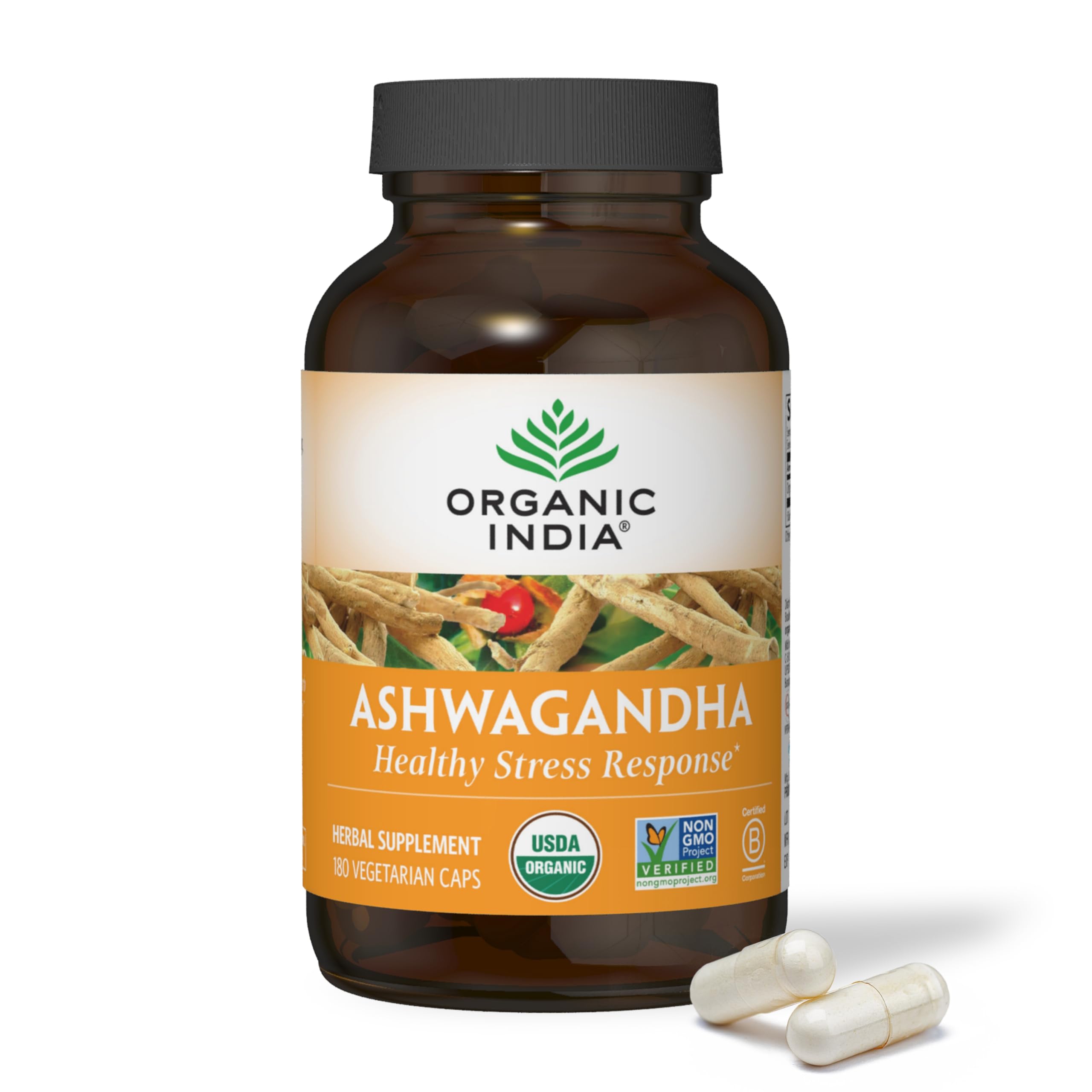 Organic India Ashwagandha capsules bottle showing packaging for stress support