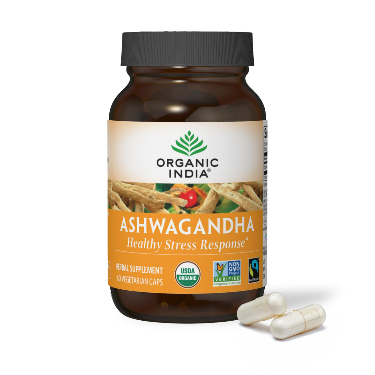 Organic India Ashwagandha capsules bottle promotes stress support and daily vitality.