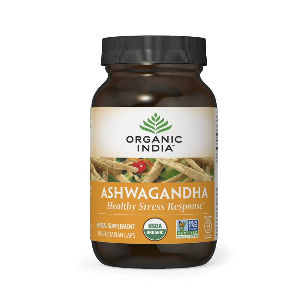 Organic India Ashwagandha Capsules bottle promotes calm during busy days.
