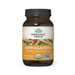 Organic India Ashwagandha Capsules bottle promotes calm during busy days.