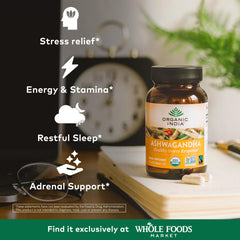 Organic India Ashwagandha capsules close-up highlights easy daily use for energy.