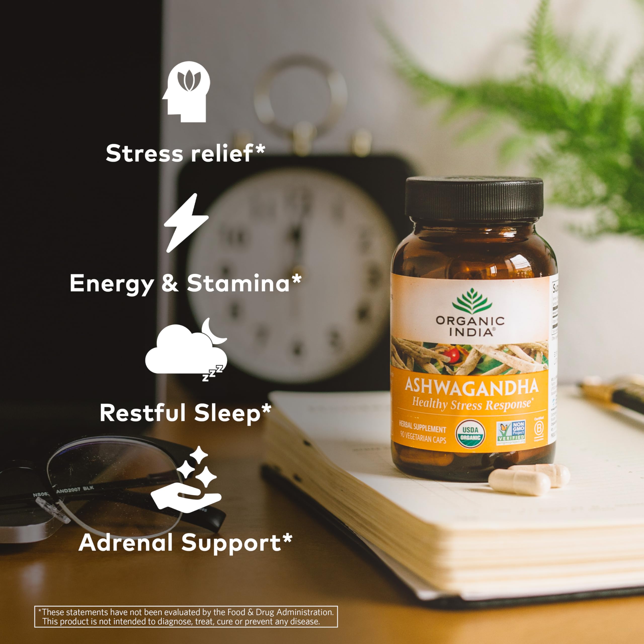 Organic India Ashwagandha capsules dispensing action shown