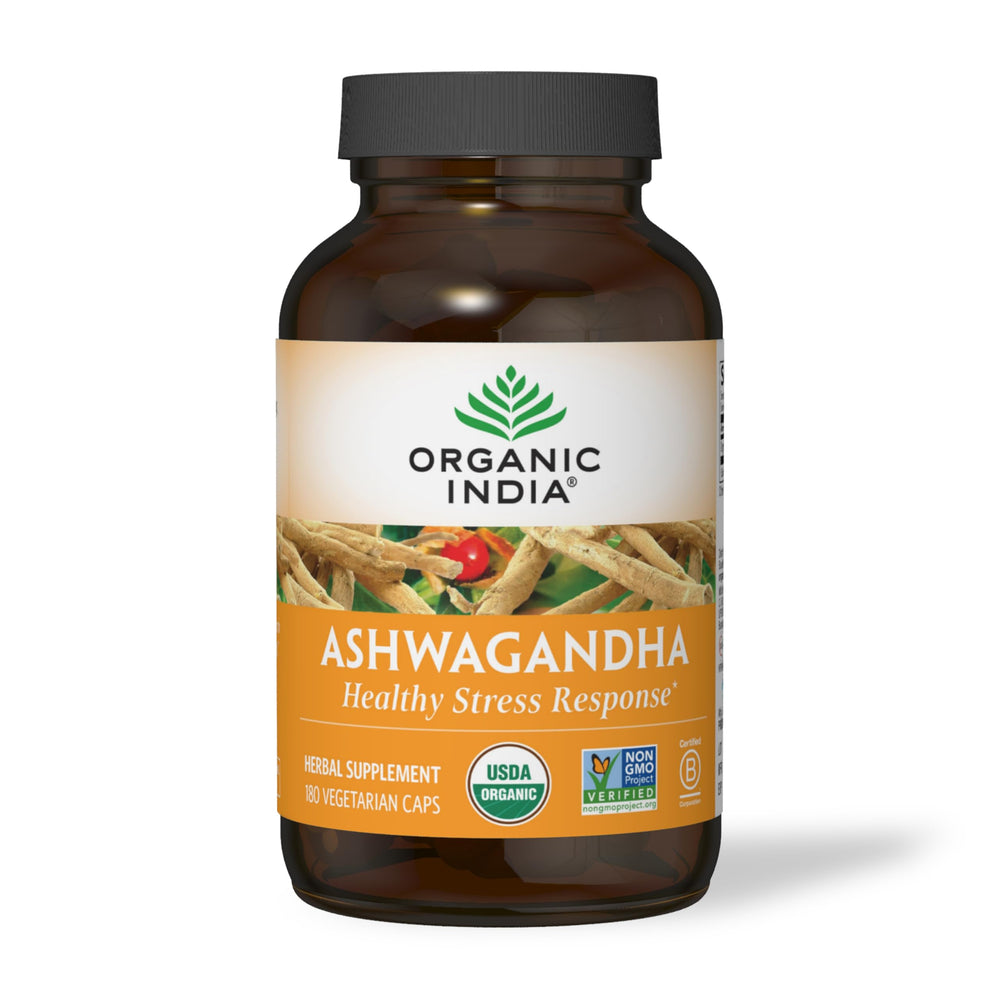 Organic India Ashwagandha capsules label closeup with kosher non-GMO cues