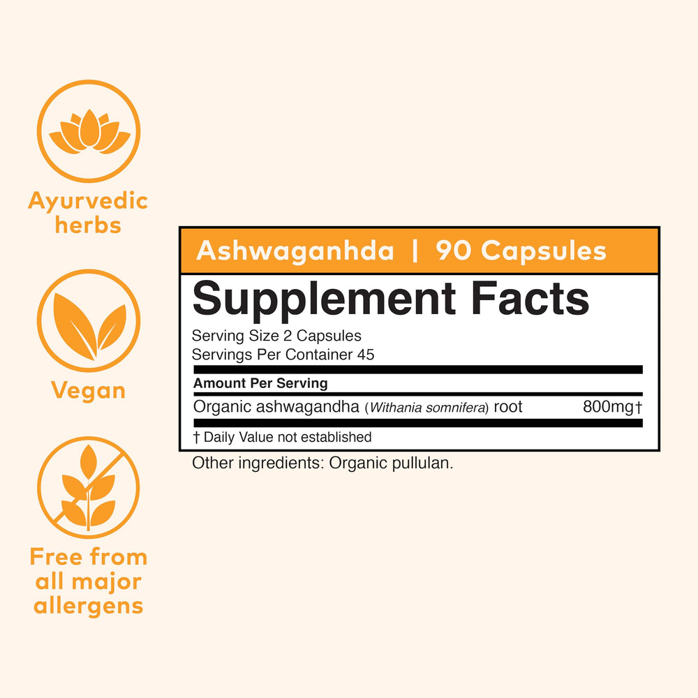 Organic India Ashwagandha Capsules packaging highlights vegan and gluten-free benefits for daily wellness.