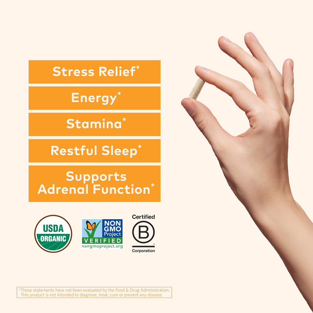 Organic India Ashwagandha Capsules pour shows easy daily dosing for energy support.
