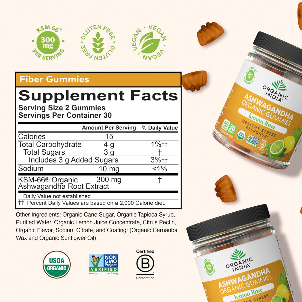 Organic India Ashwagandha Gummies 60-count pack for easy daily routine.