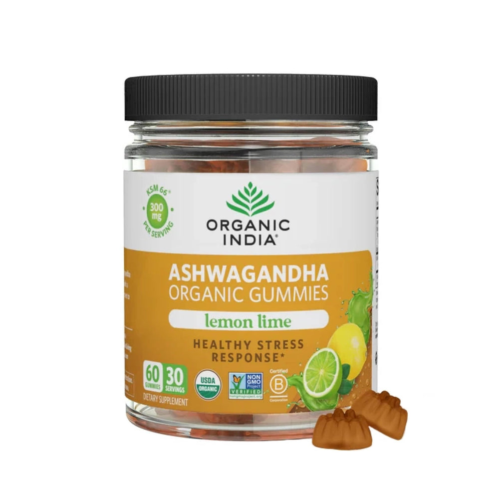 Organic India Ashwagandha Gummies bottle with lemon-lime flavor for stress support.