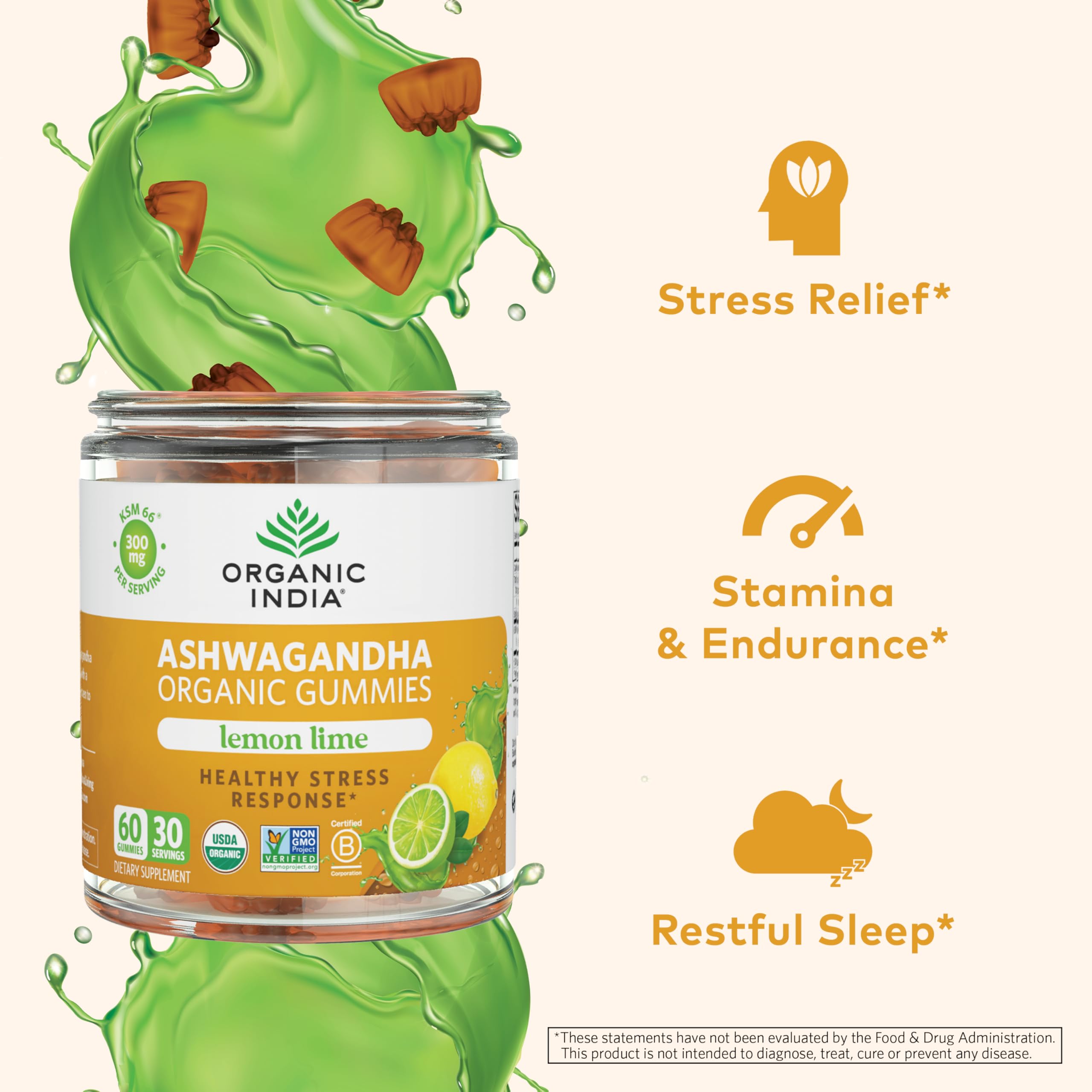 Organic India Ashwagandha Gummies organic label signals pesticide-free, quality ingredients.