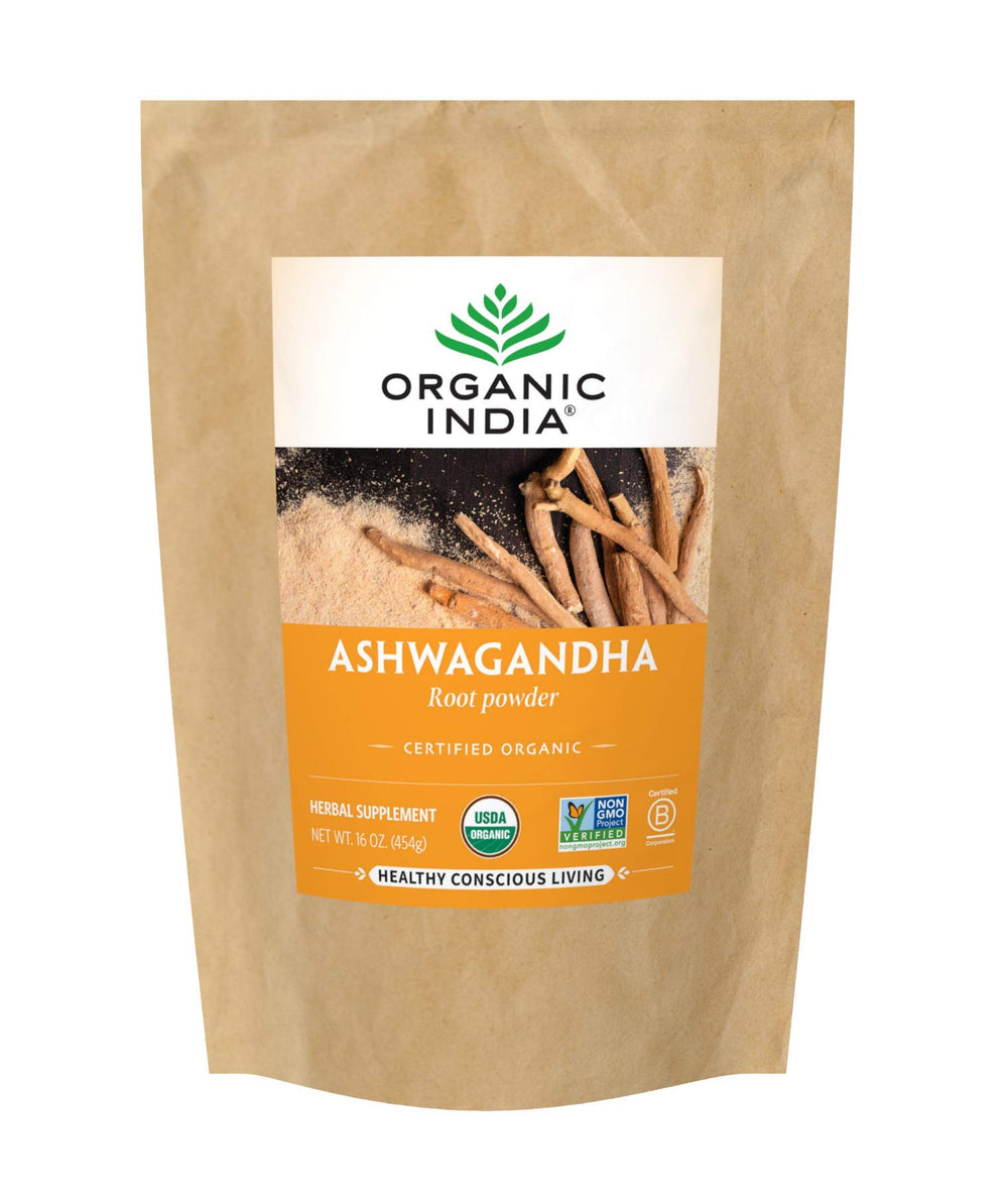 Organic India Ashwagandha powder packaging showcasing stress support benefits