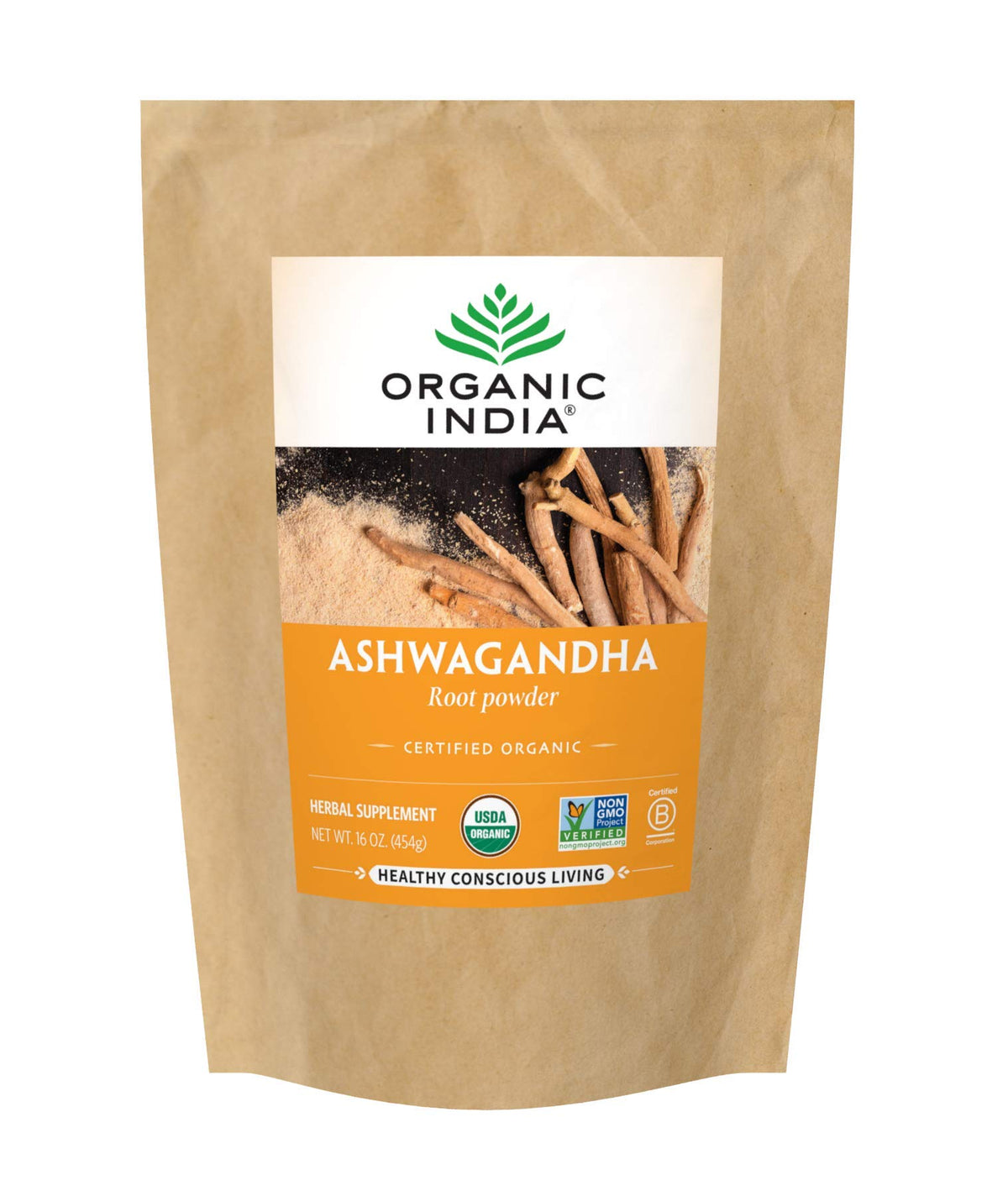 Organic India Ashwagandha powder packaging showcasing stress support benefits