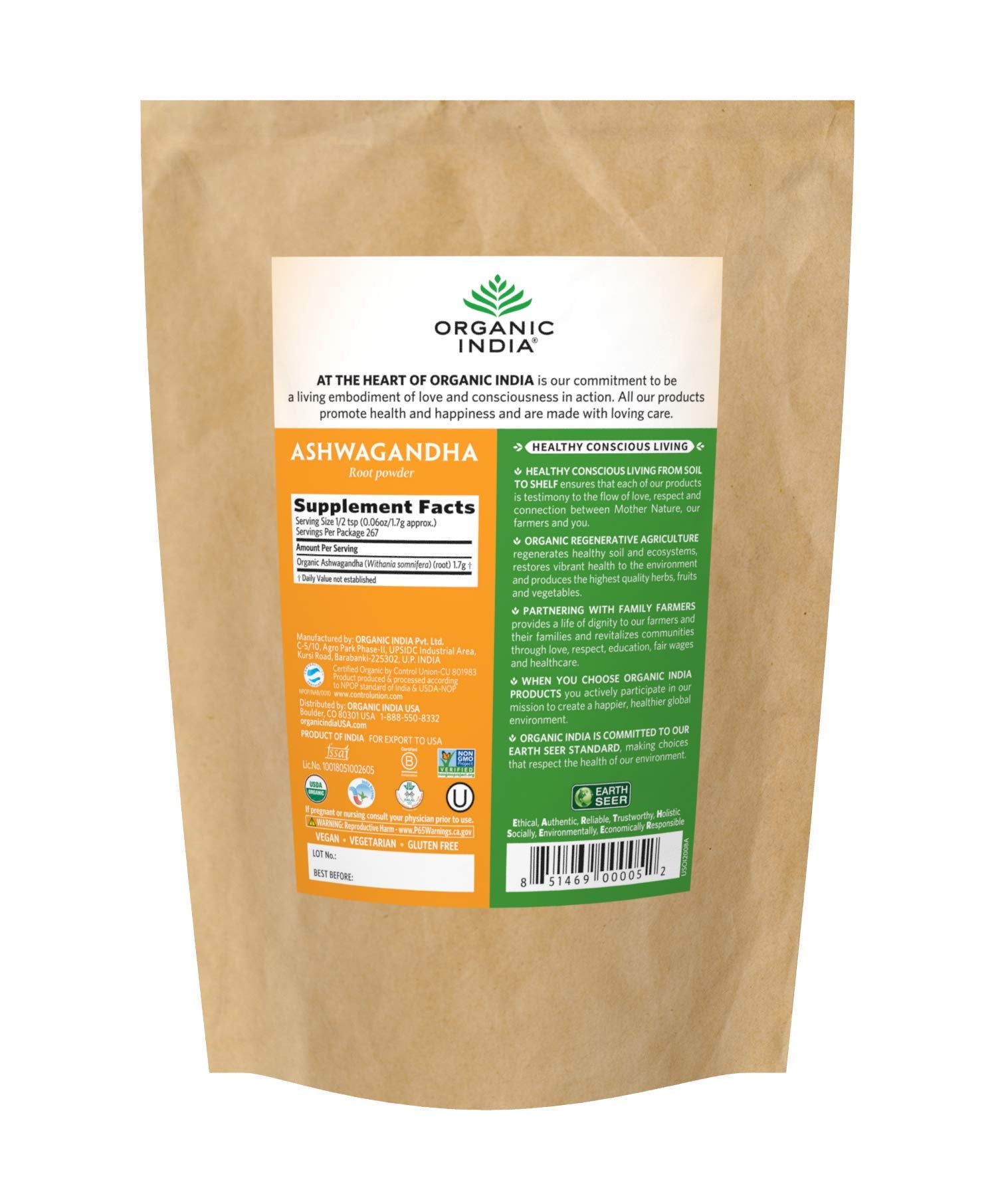 Organic India Ashwagandha powder jar with scoop for daily energy