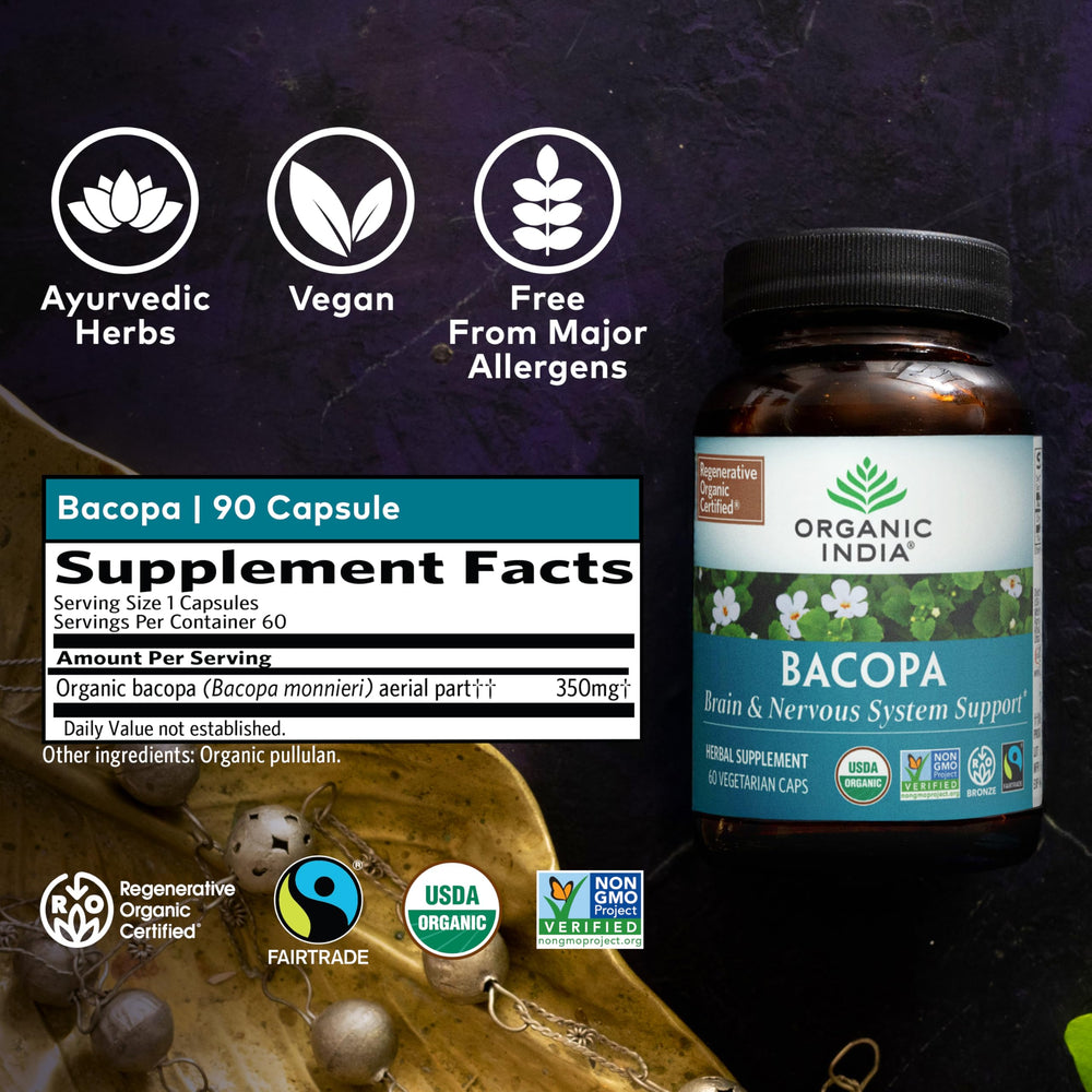 Organic India Bacopa bottle back highlighting non GMO and organic sourcing