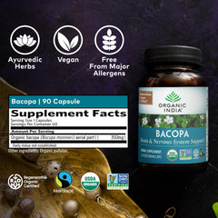 Organic India Bacopa bottle back highlighting non GMO and organic sourcing