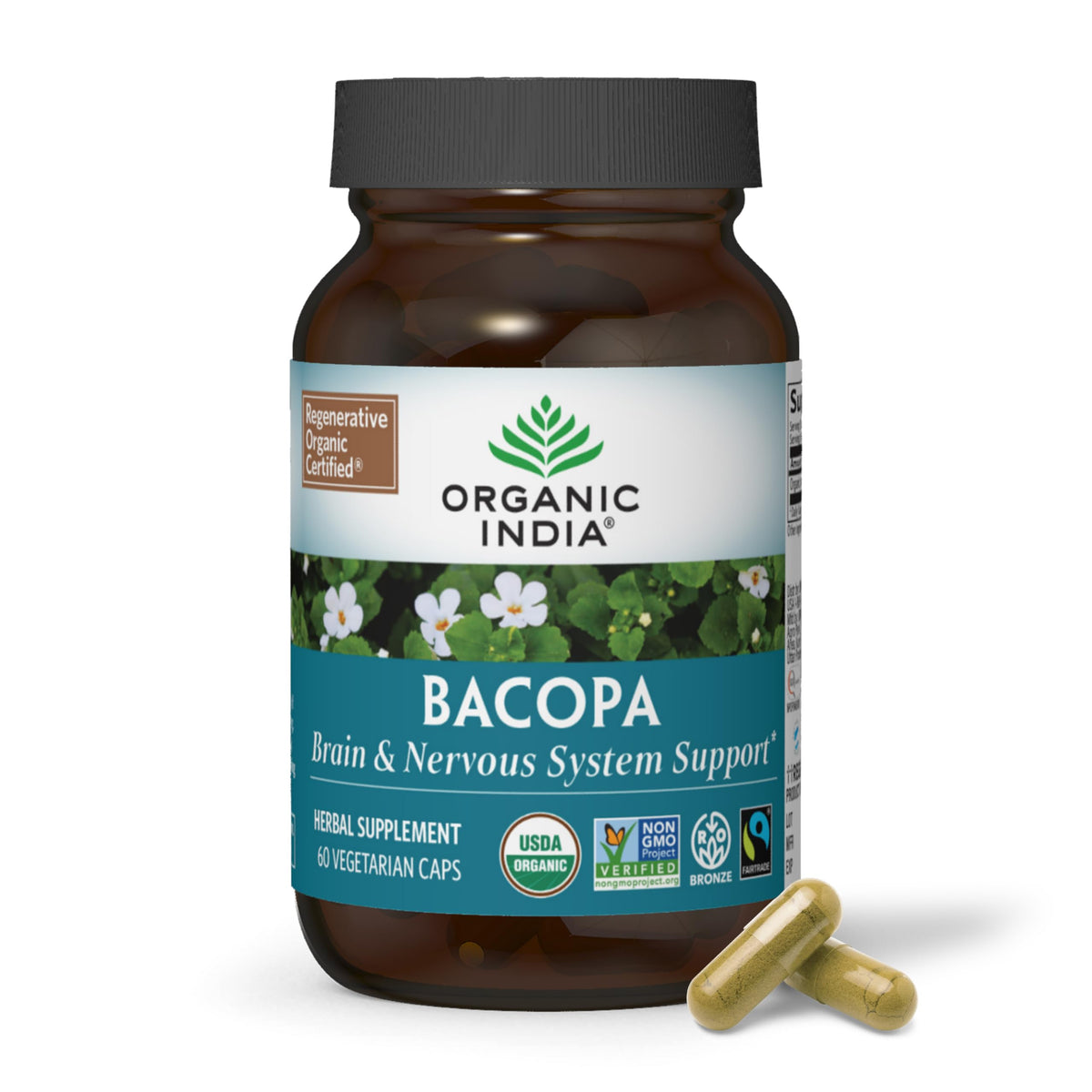 Organic India Bacopa bottle front view showing cognitive support