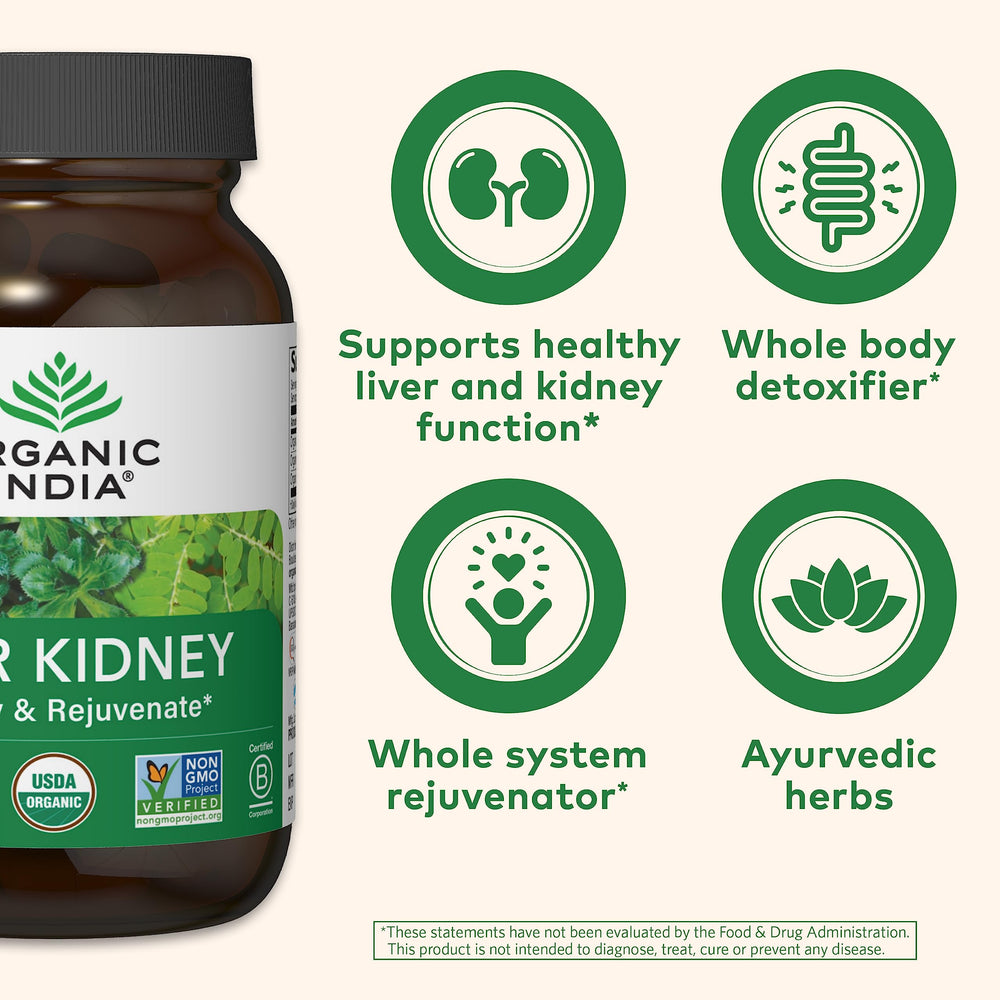 Organic India Bumyamyalaki capsules highlighting traditional liver and kidney support.