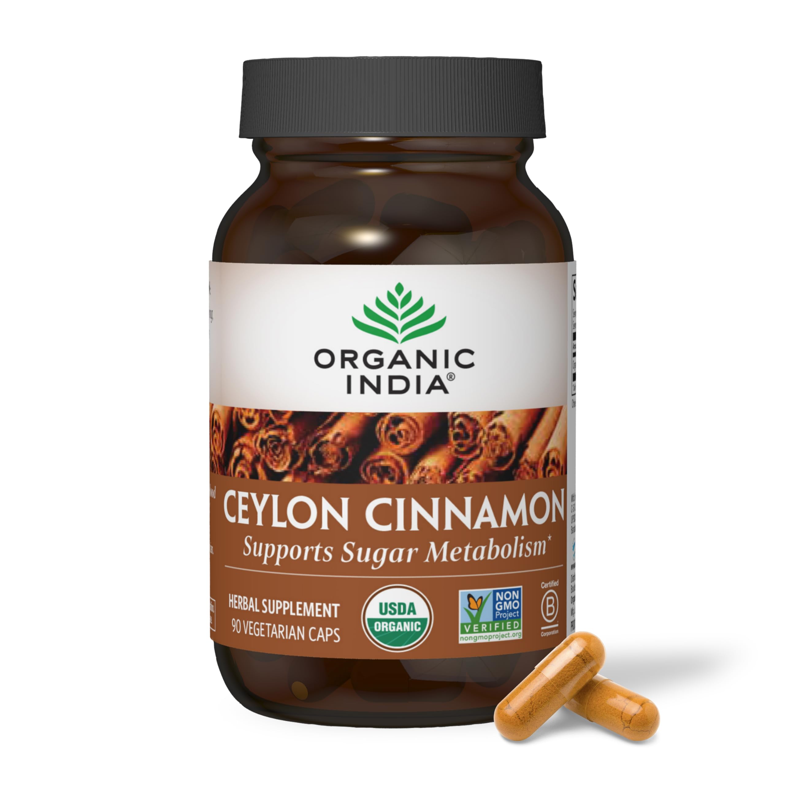 Organic India Ceylon Cinnamon bottle front label for everyday use.