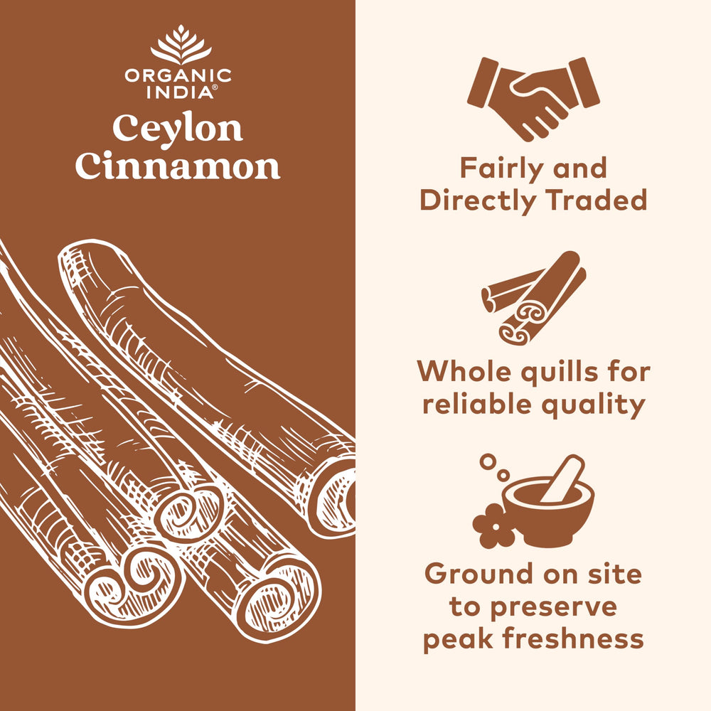 Organic India Ceylon Cinnamon capsules close-up highlighting vegan formula.