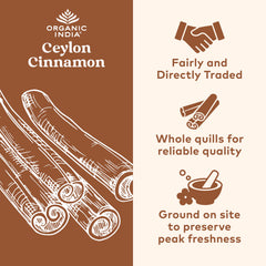 Organic India Ceylon Cinnamon capsules close-up highlighting vegan formula.