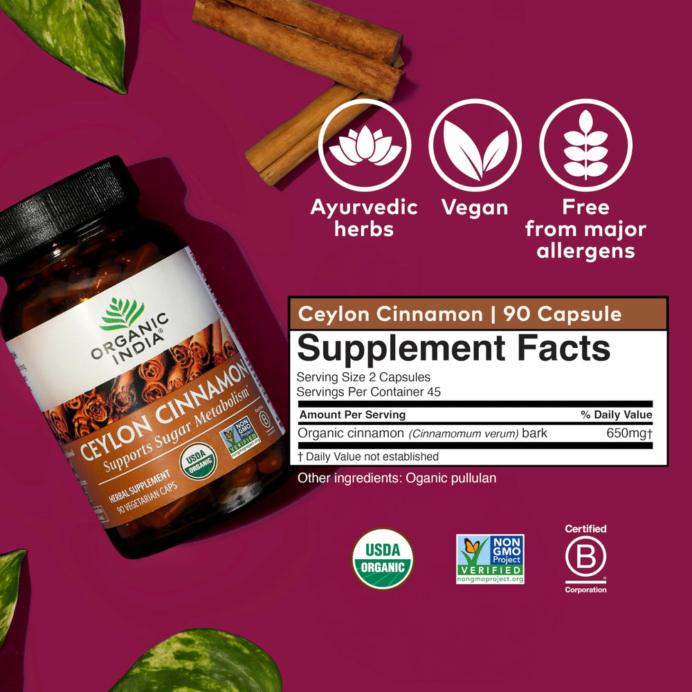 Organic India Ceylon Cinnamon packaging showing vegan, gluten-free, kosher certifications.