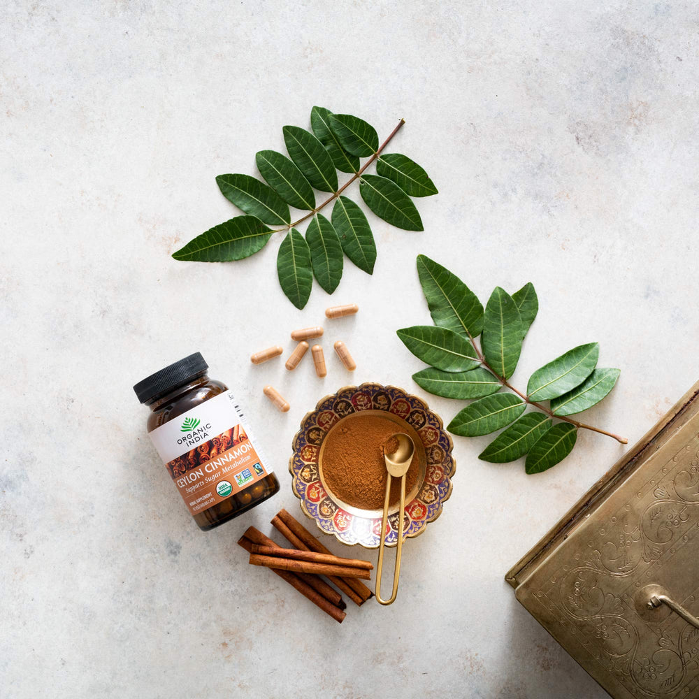 Organic India Ceylon Cinnamon product on a kitchen counter setup.