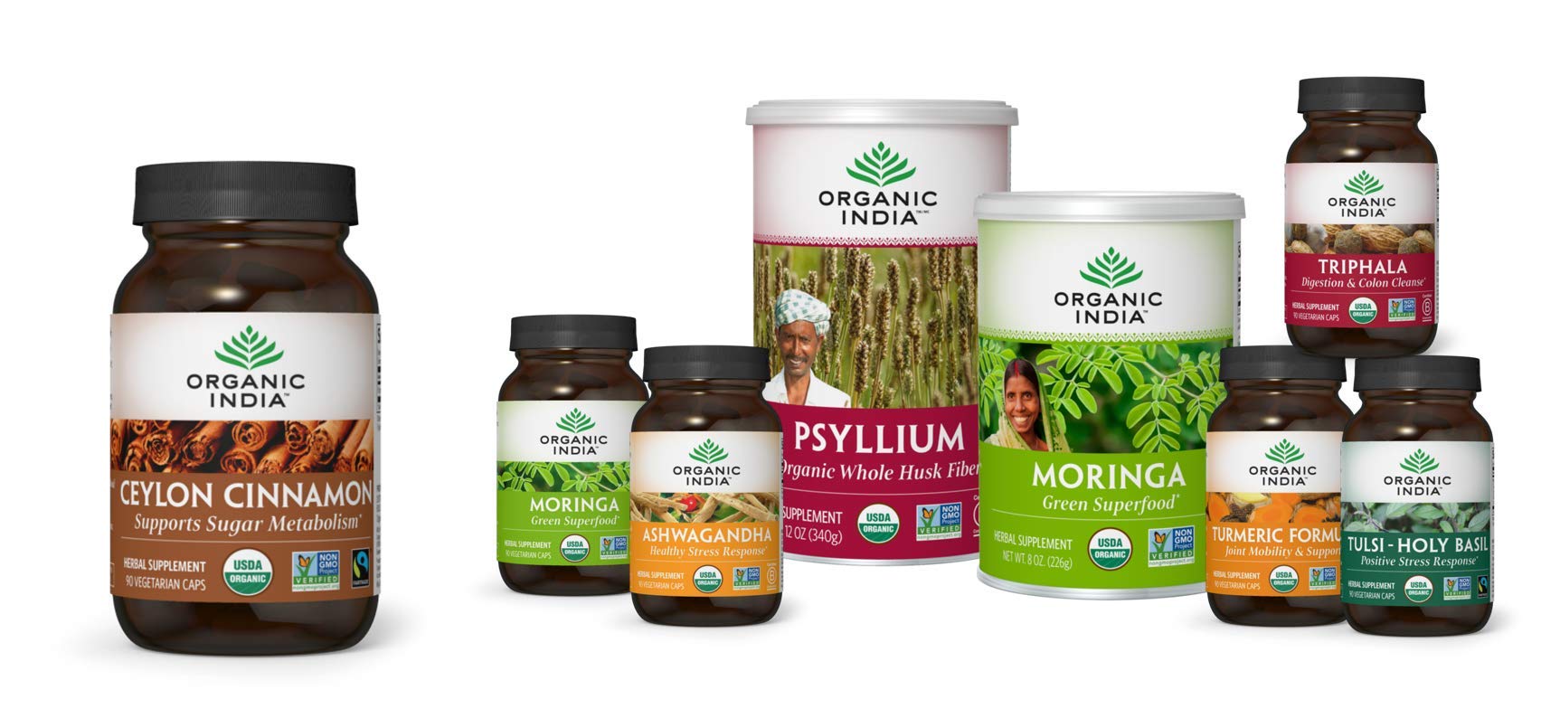 Organic India Ceylon Cinnamon display on store shelf.