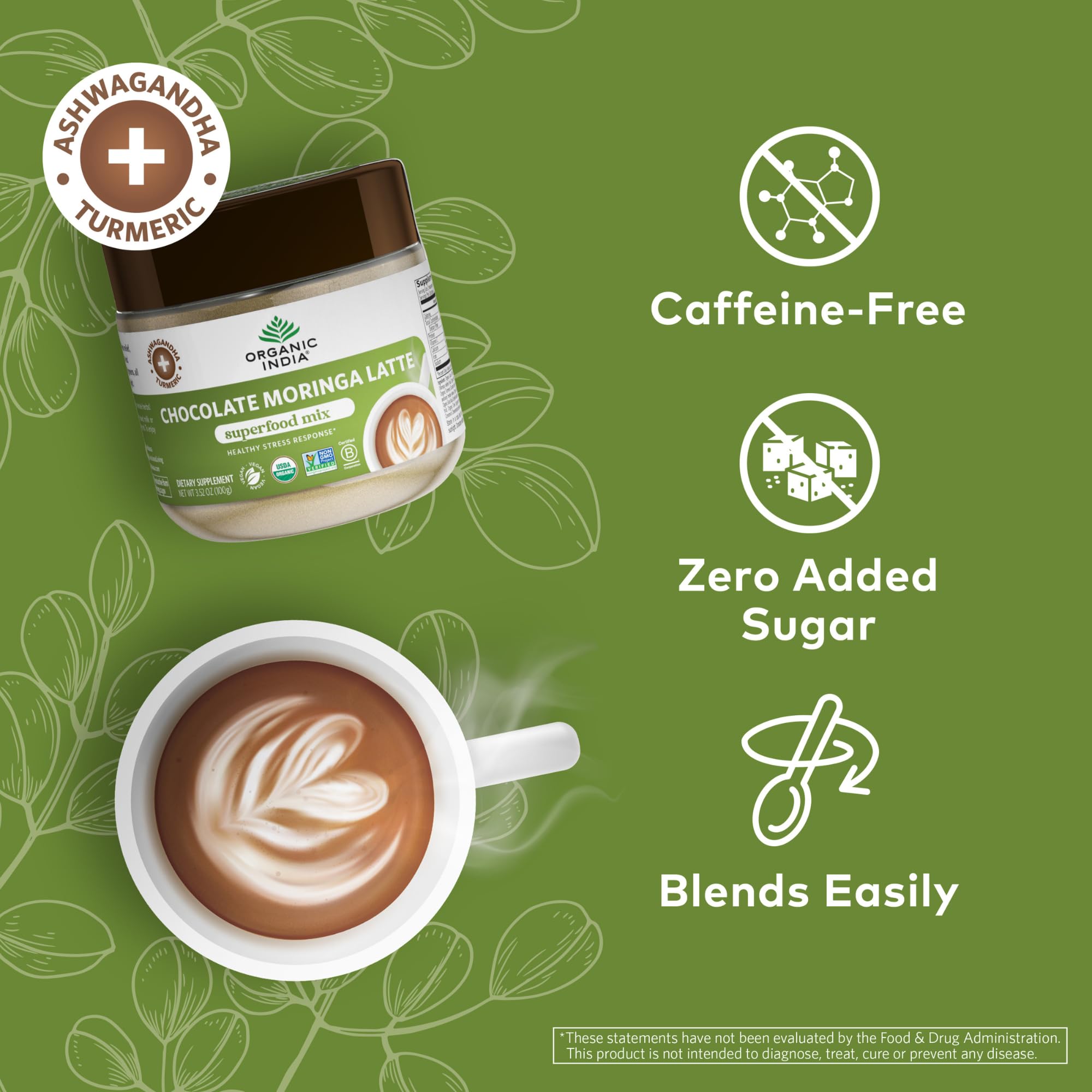 Organic India Chocolate Moringa Latte Powder dispensing scoop for precise measuring