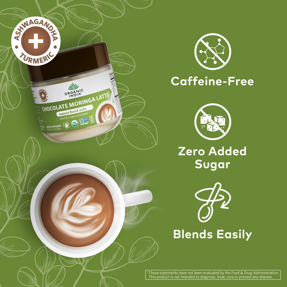 Organic India Chocolate Moringa Latte Powder dispensing scoop for precise measuring