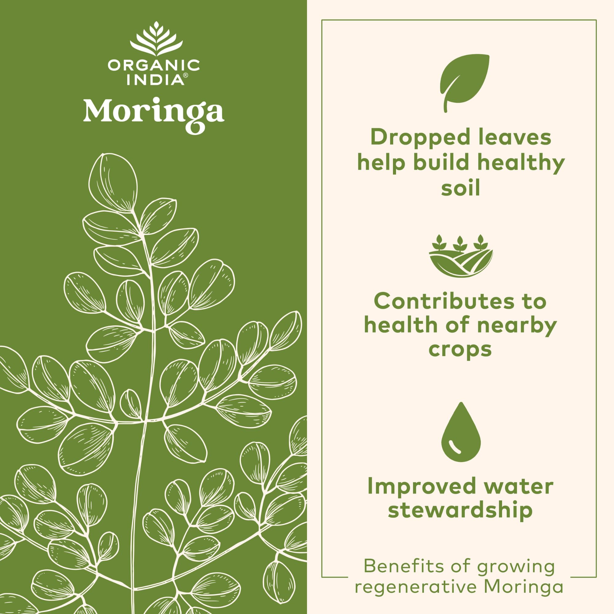 Organic India Chocolate Moringa Latte Powder ingredients list with cacao and moringa