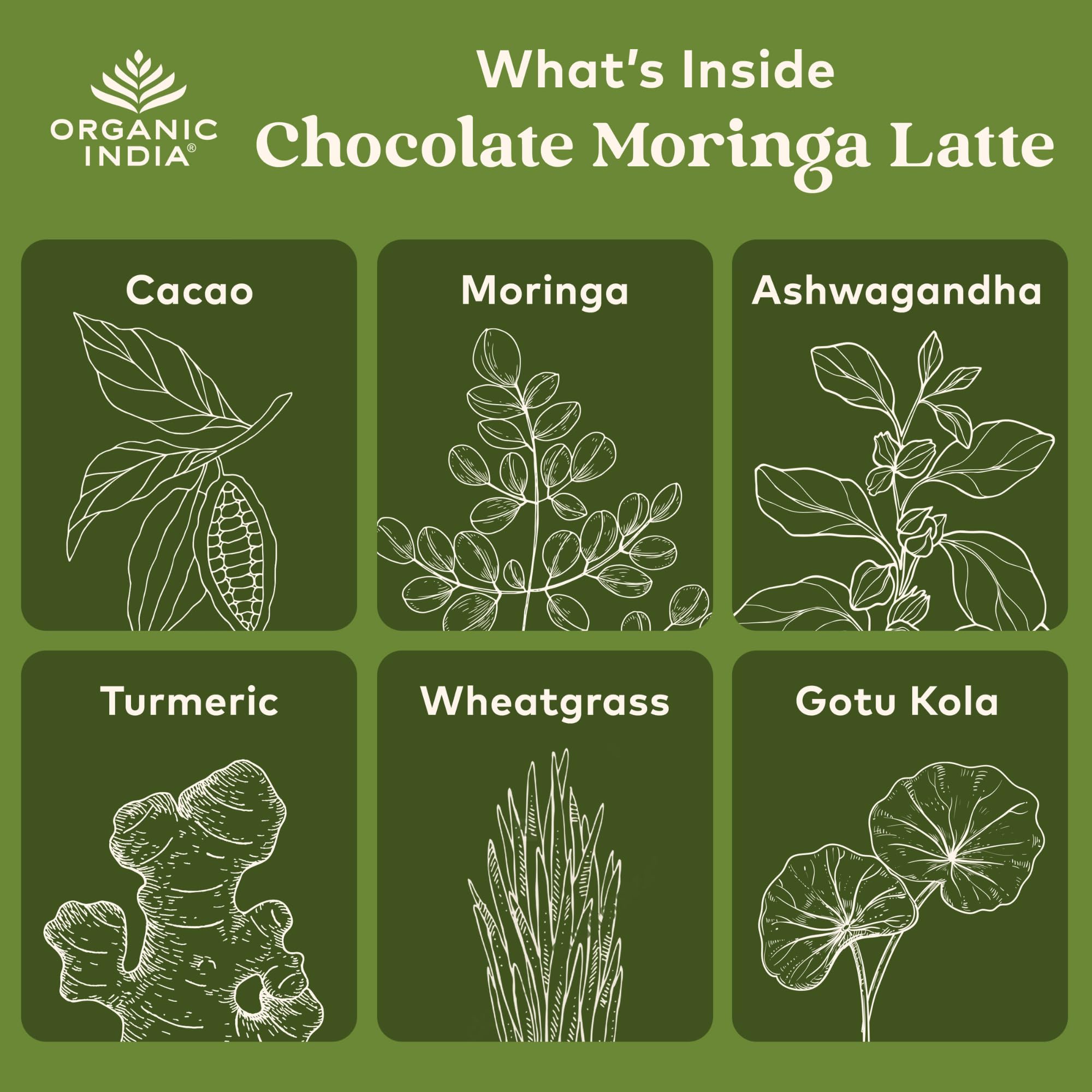 Organic India Chocolate Moringa Latte Powder mixed cup with creamy texture