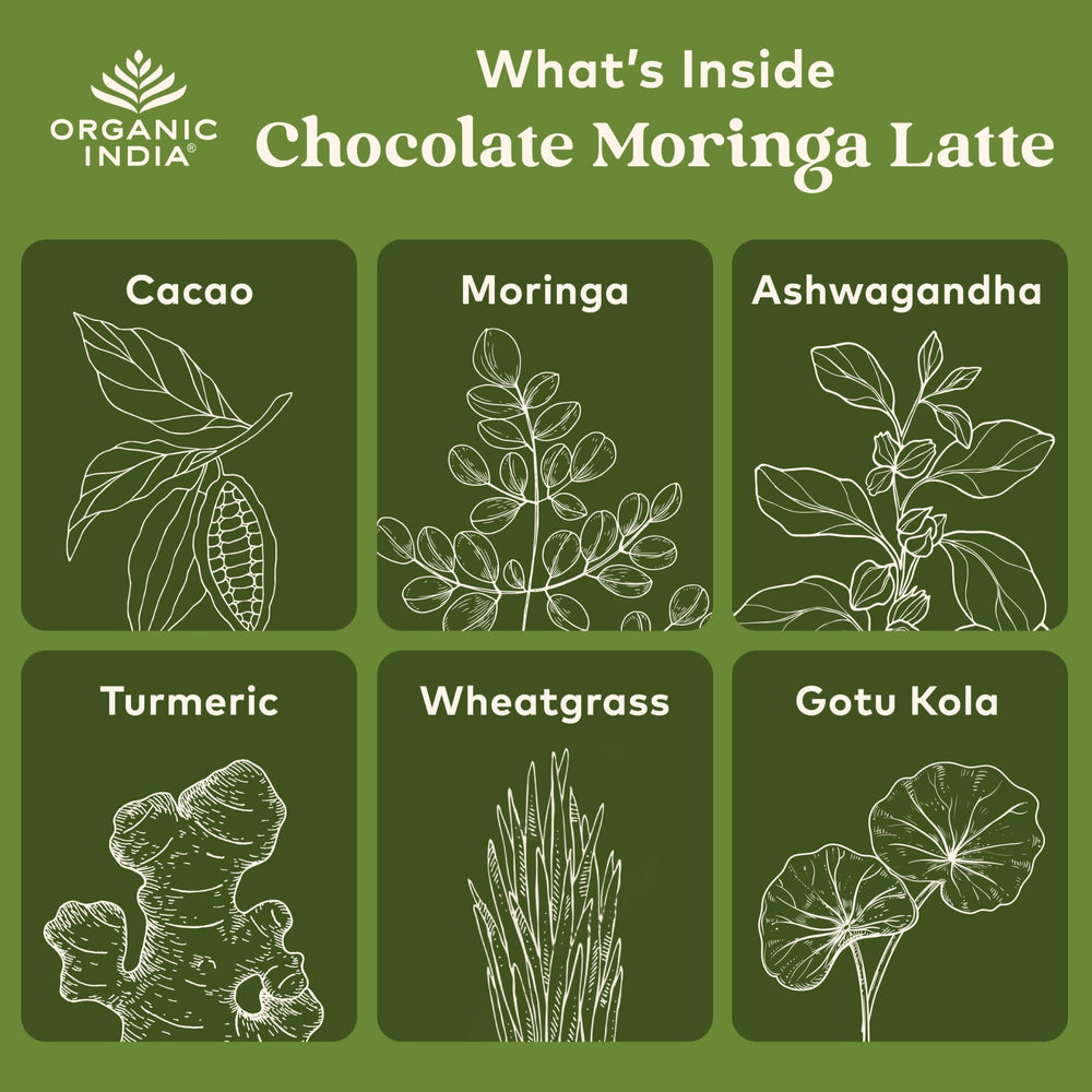 Organic India Chocolate Moringa Latte Powder mixed cup with creamy texture