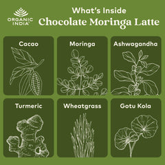 Organic India Chocolate Moringa Latte Powder mixed cup with creamy texture