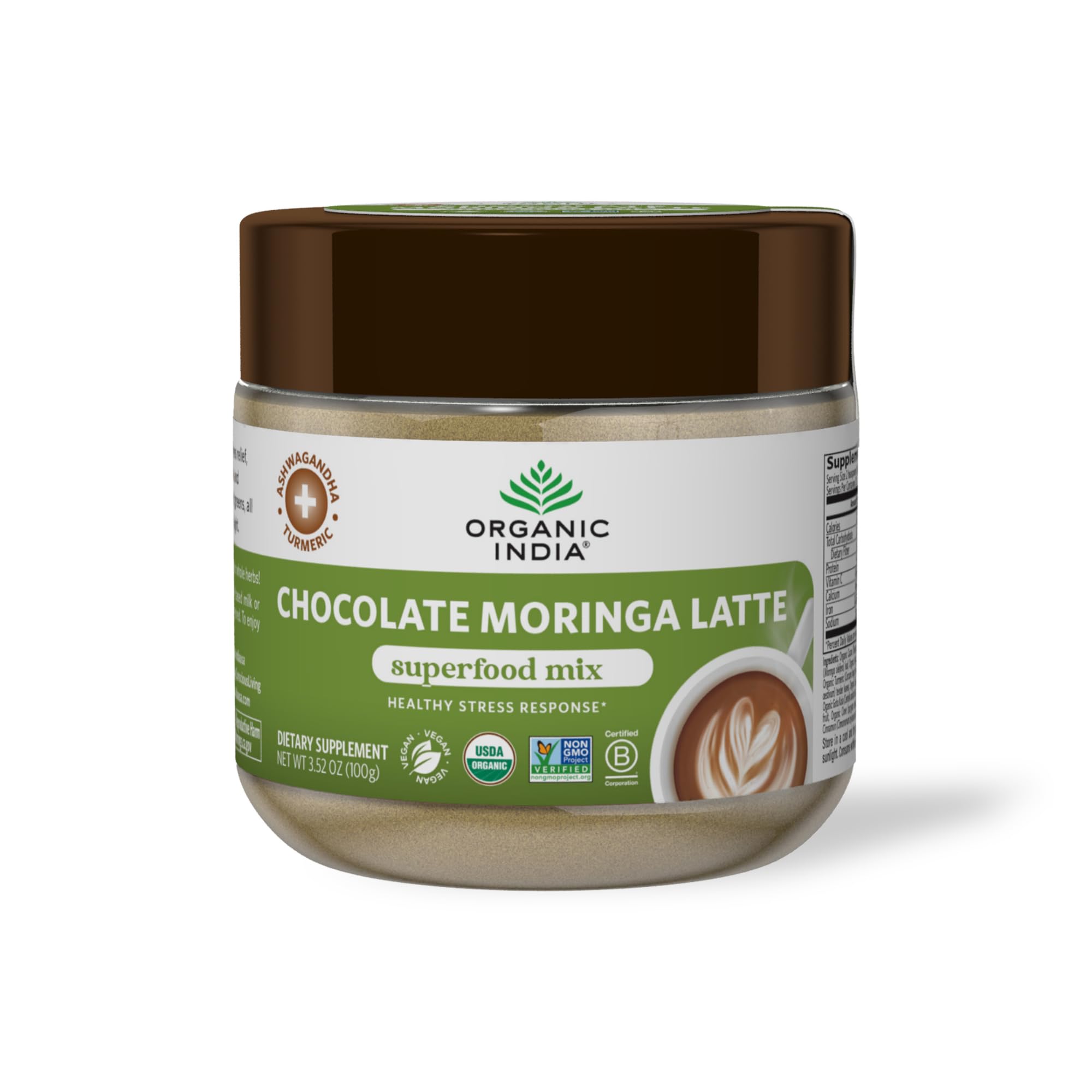 Organic India Chocolate Moringa Latte Powder tin front, caffeine-free indulgence
