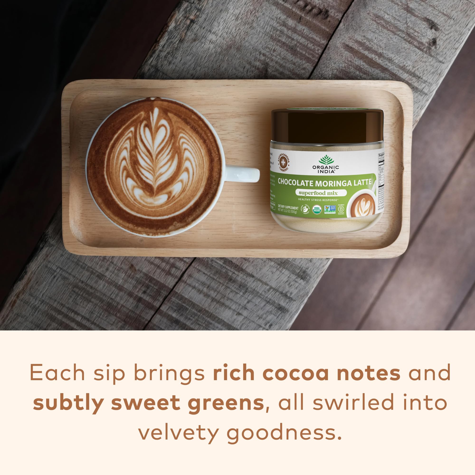 Organic India Chocolate Moringa Latte Powder tin label highlighting superfood blend