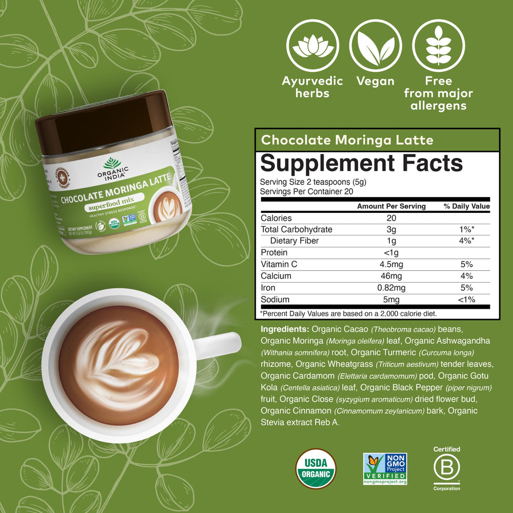 Organic India Chocolate Moringa Latte Powder wellness ritual image for daily use