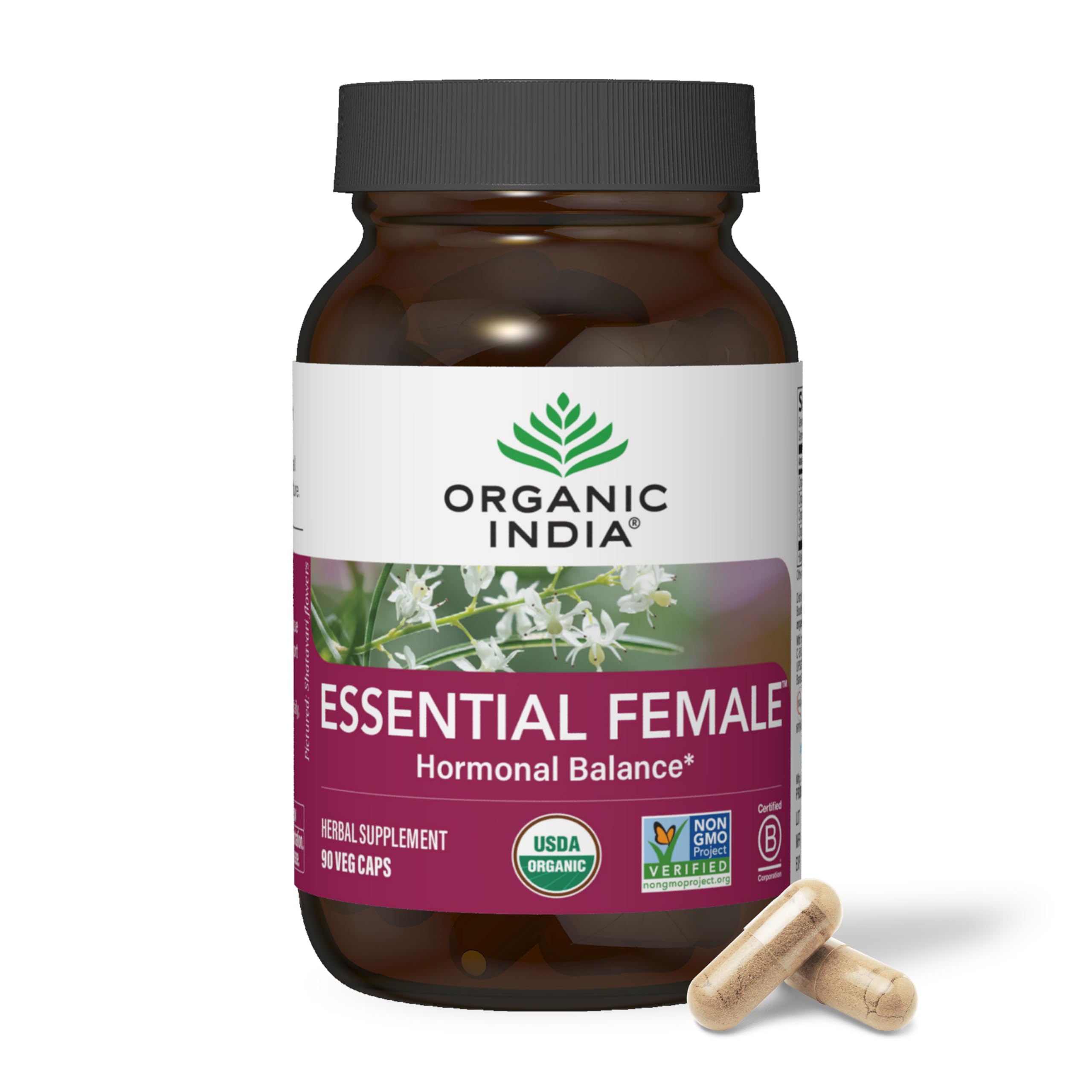 Organic India Essential Female bottle showing hormonal balance capsules