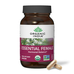 Organic India Essential Female bottle showing hormonal balance capsules