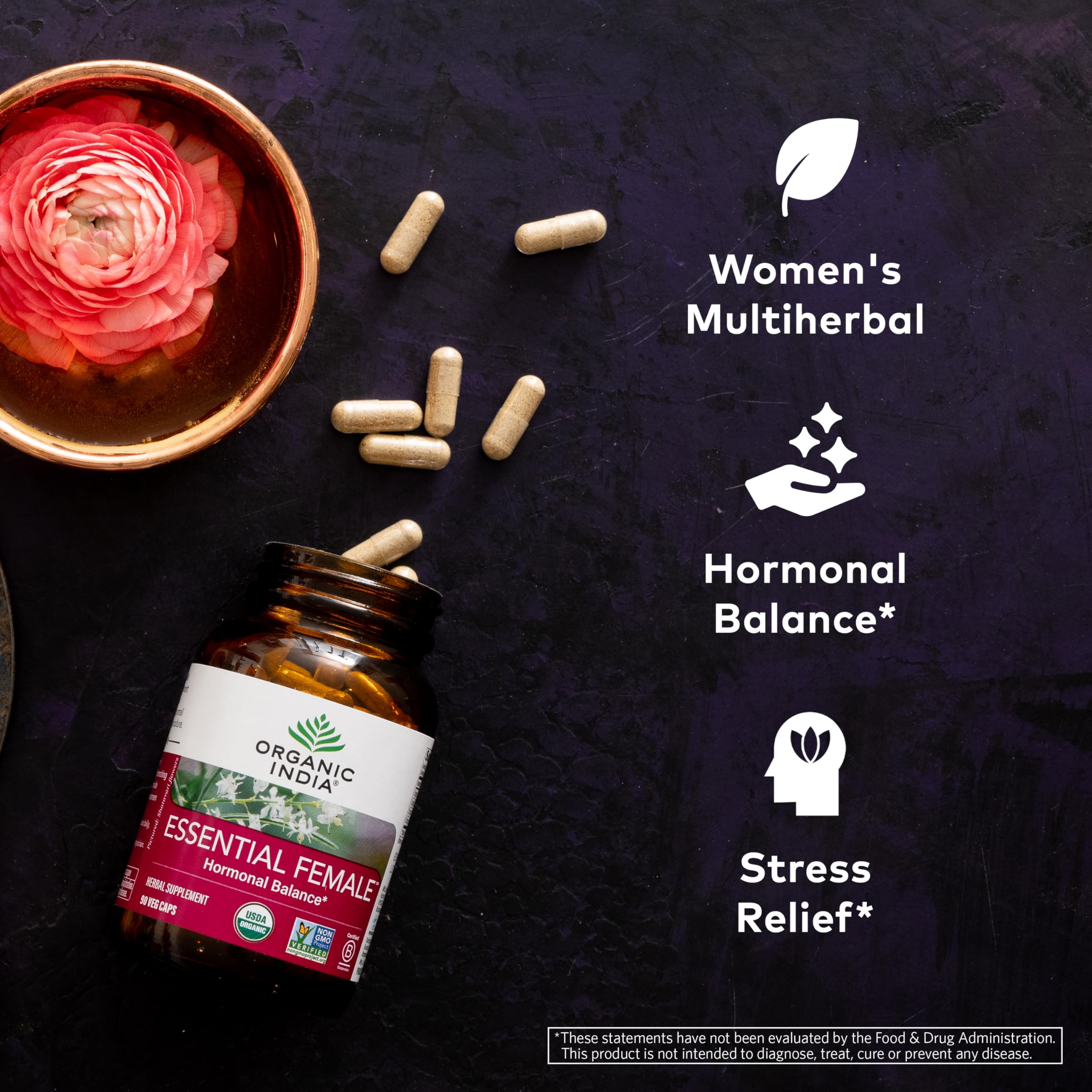 Organic India Essential Female capsules close up for daily vitality
